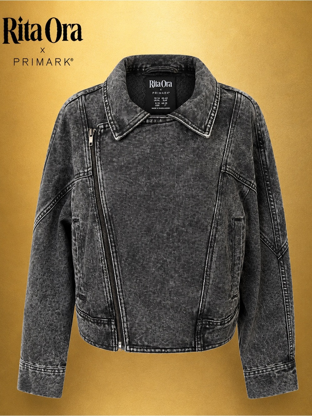 NEW WITH TAGS Primark X Rita Ora Washed Black Denim Moto Jacket